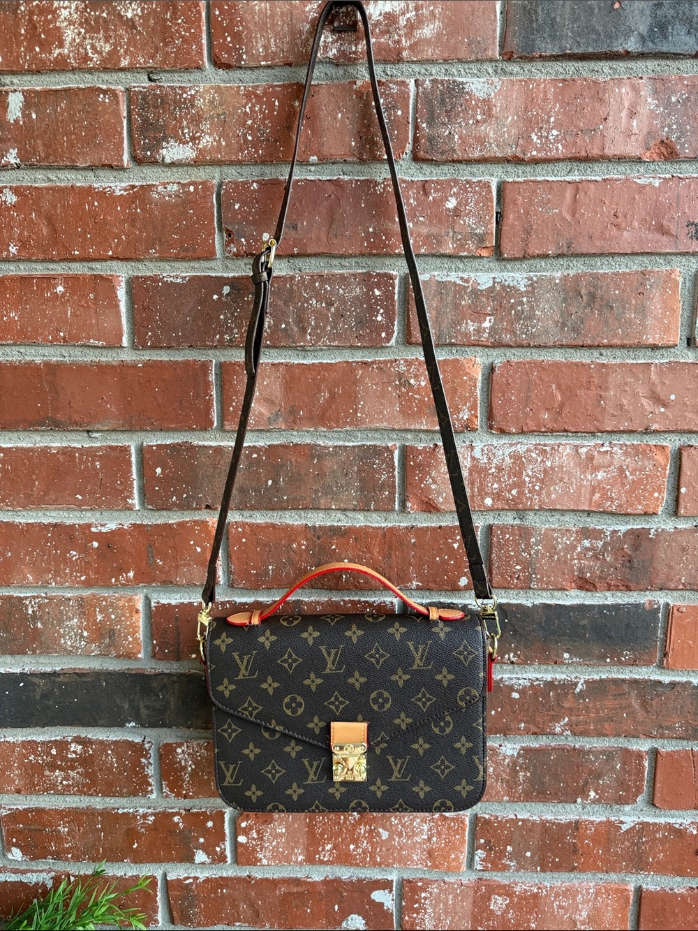 Brown Monogram Crossbody with Red Trim and Gold Hardware